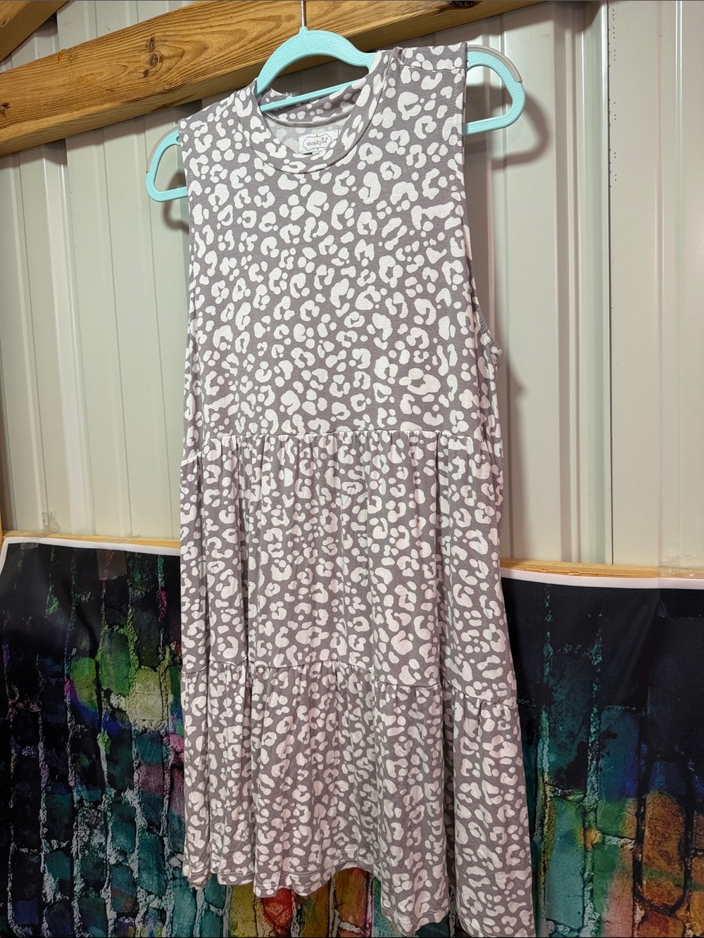 Mud Pie Gray and White Leopard Tiered Sleeveless Dress